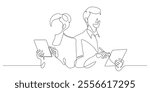 man and woman using digital tablet portrait business posing advertising one line drawing continuous minimalism