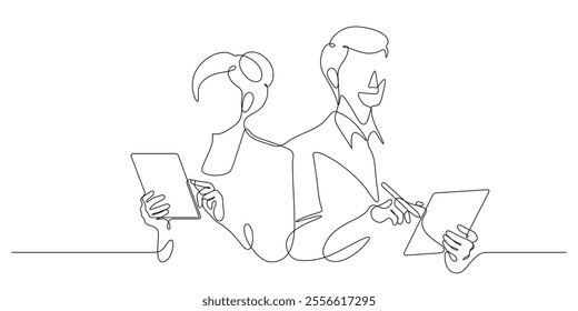 man and woman using digital tablet portrait business posing advertising one line drawing continuous minimalism