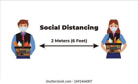 Man and woman using face mask holding grocery bags keeping distance 2 meters to protect from Covid-19. Illustration Concept for Social Distancing to Prevent Coronavirus.