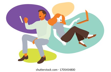 Man and woman using floating electronic devices. Vector illustration.