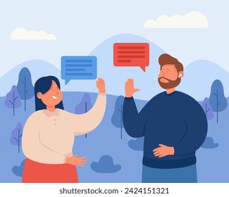 Man and woman using hand gestures to communicate. Vector illustration. Speech bubbles on background. Woman speaking to deaf man with gestures. People learning sign language concept