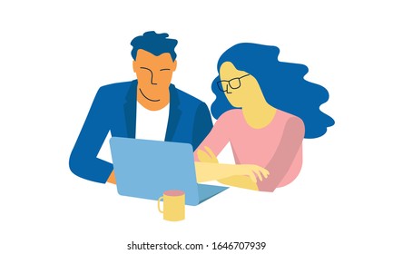 Man and woman using  laptop. Business concept vector illustration in flat cartoon style.