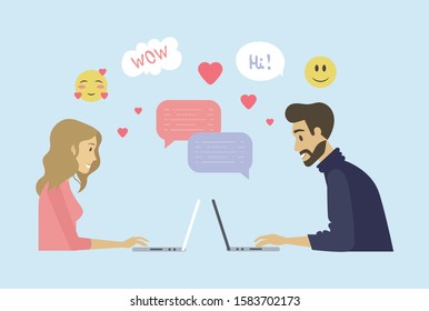 Man and woman using laptop for meeting online, dating in social network, side view of couple characters, online love, message love and internet vector