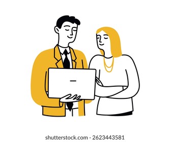 Man and woman using laptop, working on project. Business concept. Digital technology. Vector isolated doodle illustration, simple style