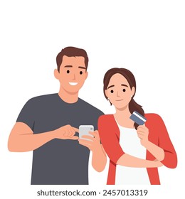 Man and woman using mobile phone with credit card booking hotel or event tickets. Flat vector illustration isolated on white background