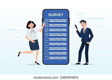 Man and woman using mobile or smartphone to fill in online survey checklist, online survey questionnaire, poll, opinion or customer feedback using internet (Vector)