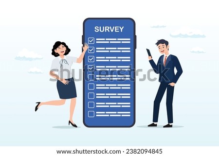 Man and woman using mobile or smartphone to fill in online survey checklist, online survey questionnaire, poll, opinion or customer feedback using internet (Vector)