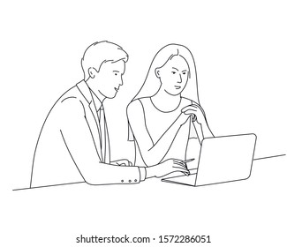 Man and woman using notebook. Line drawing vector illustration.
