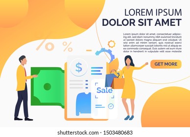 Man and woman using online cash terminal webpage. Purchase checkout, isometric, atm. Online cashier concept. Vector illustration for website, landing page, online store