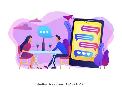 Man and woman using online dating app on smartphone and meeting at table, tiny people. Blind date, speed dating, online dating service concept. Bright vibrant violet vector isolated illustration