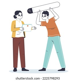 Man and woman using searching bars, people surfing internet. Characters browsing info with search bars, web searching isolated flat vector illustration on white background