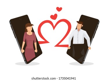 Man and woman using smartphone to connect for love. Concept of online love or dating. Vector illustration.