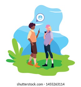 man and woman using smartphone device in the landscape