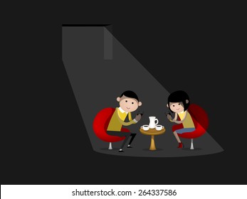 man and woman are using smartphone during dating, smart phone addicted concept