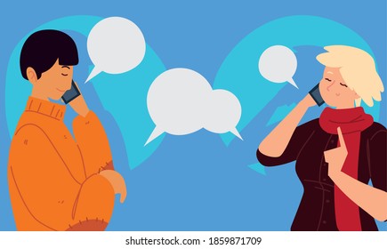 hombre y mujer que usan smartphone haciendo ilustración de vector de llamadas