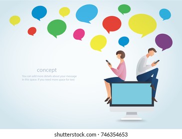 man and woman using smartphone and sitting on computer with colorful chat box, concept of love online   