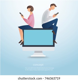 man and woman using smartphone and sitting on computer, concept of love online   