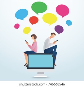 man and woman using smartphone and sitting on computer with colorful chat box, concept of love online   