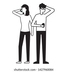 man and woman using smartphone talking vector illustration