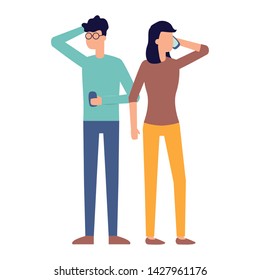 man and woman using smartphone talking vector illustration