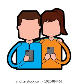 man and woman using smartphone typing text