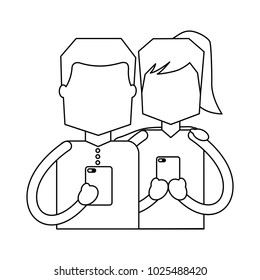 man and woman using smartphone typing text