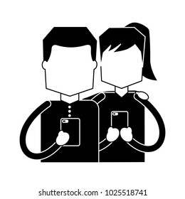 man and woman using smartphone typing text
