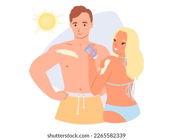 Man and woman using sunscreen to sunbathe flat cartoon vector illustration. Young family couple applying lotion with SPF against UV. Vacation time on beach resort