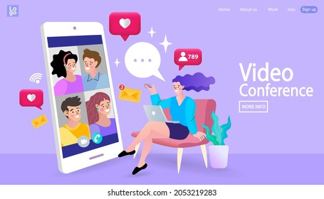 Man and woman using their cellphones for video chat. virtual meeting and group video conference. Teams joining via laptop and mobile phone. Remote working. Flat vector illustration.