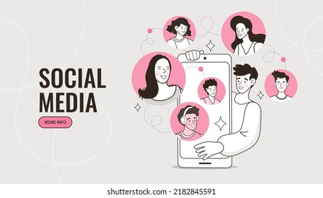 Man and woman using their cellphones for video chat. virtual meeting and group video conference. Teams joining via laptop and mobile phone. Remote working. Flat vector outline illustration.