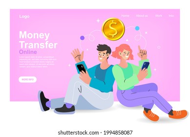 Man and woman using their phones as electronic wallets. People sending and receiving money. Mobile shopping concept. happy man gets money and reward online. Online money payment transfer vector.