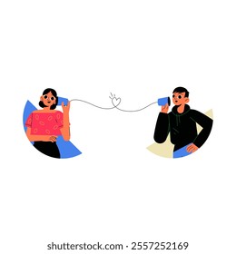 Man And Woman Using Tin Can Telephone In Flat Vector Illustration Symbolizing Communication, Connection, And Playful Interaction, Isolated On White Background