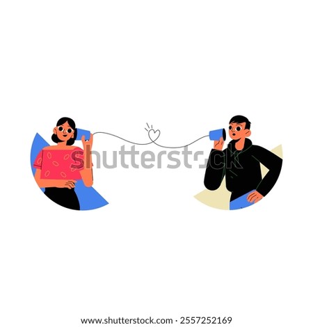 Man And Woman Using Tin Can Telephone In Flat Vector Illustration Symbolizing Communication, Connection, And Playful Interaction, Isolated On White Background