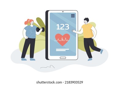 Man and woman using training app on huge phone. Smartphone interface with heart rate flat vector illustration. Healthy lifestyle, fitness concept for banner, website design or landing web page