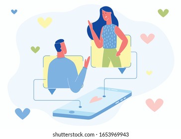 Man and Woman Using Website or Mobile Application for Dating or Searching for Romantic Partner on Internet. Cute Couple Meeting Online, People Messaging, Chatting. Cartoon Flat Vector Illustration