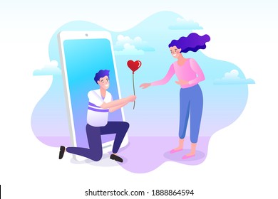 Man and woman using website or mobile application for dating or searching for romantic partner on internet. Virtual relationships and online dating and social networking concept. Vector illustration.