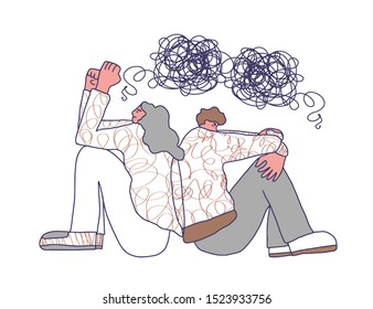 Man and woman are at variance. Two friend sitting on the floor with bad mood. Vector illustartion