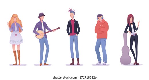 Hombre mujer de varios ambientes de subcultura musical. Jóvenes personajes aislados de fondo blanco. Hippie, hipster, músico folclórico con banjo, rockero, punk, rapero hip-hop. Ilustración del vector