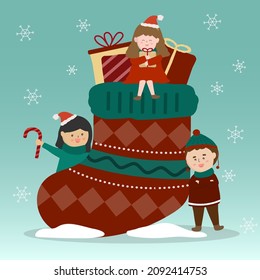 Man and woman vector character cute Christmas socks and stuffed gift boxs inside. Design element for invitation card, party, New Year's, Christmas, web, cards and publication