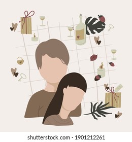 Man and woman. Vector illustration. Flat cartoon style. Decor element for cards, banners.