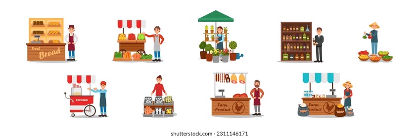 Man and Woman Vendor Standing at Street Booth or Stall with Food Vector Illustration Set