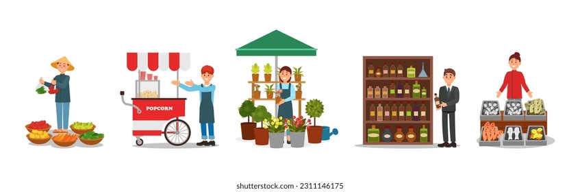 Man and Woman Vendor Standing at Street Booth or Stall with Food Vector Illustration Set