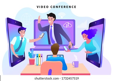 man and woman in video conference with colleagues. Teleconference for work from home concept. Videoconferencing and online meeting workspace.