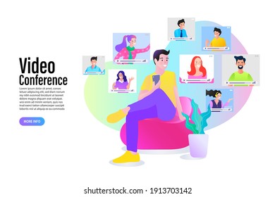 man and woman in video conference with colleagues. Teleconference for work from home concept. Videoconferencing and online meeting workspace.