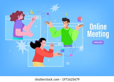 man and woman in video conference with colleagues. Teleconference for work from home concept. Videoconferencing and online meeting workspace.
