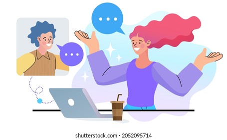 man and woman in video conference with colleagues. Teleconference for work from home concept. Videoconferencing and online meeting workspace. employee talk on video call on laptop. Vector Illustration