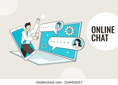 man and woman in video conference with colleagues. Teleconference for work from home concept. Videoconferencing and online meeting workspace. Customer service support. Work, job, hotline Vector.