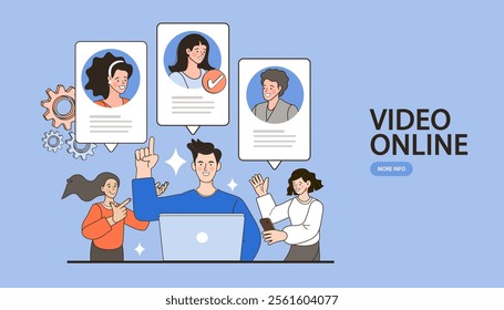 man and woman in video conference with colleagues. Teleconference for work from home concept. Video conferencing and online meeting workspace.