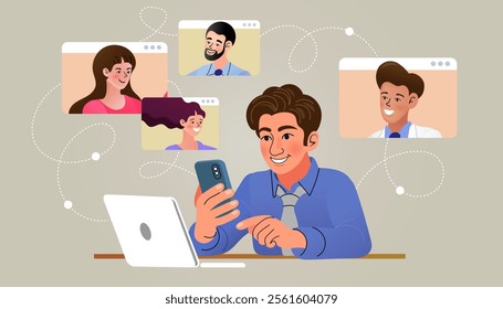 man and woman in video conference with colleagues. Teleconference for work from home concept. Video conferencing and online meeting workspace.