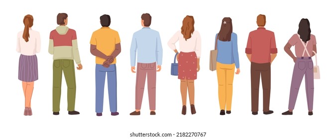 Man and woman view from back isolated cartoon characters set on white. Young human person diversity, standing people, businessmen and workers, students and employers